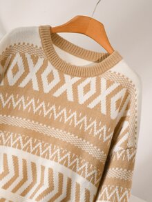 CosyJoli Sweater Pullover Lengan Panjang Jacquard Vintage Ukuran Besar untuk Musim Gugur/Dingin, Nyaman - Aprikot - View 5