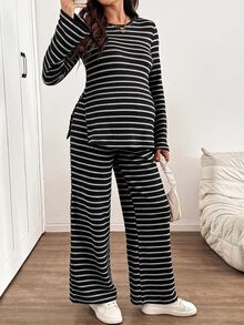 SHEIN Maternity Striped Side Slit Top And Pants 2 Pieces Set - Black - View 4