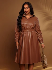 BrightlyHer Plus Size Women's Solid Color Long Sleeve Button Half-Placket PU Leather Fashion Dress - Brown - View 3
