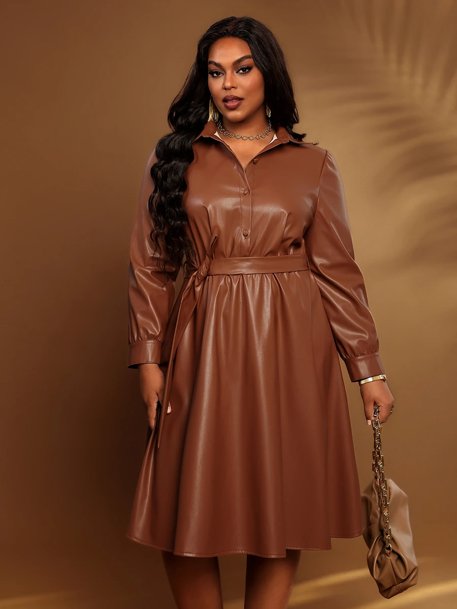 BrightlyHer Plus Size Solid Brown Lapel Long Sleeve Button Front Belted Faux Leather Midi Dress Autumn 2026 Office Dinner Evening Elegant - Brown - View 1