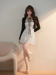 FRIFUL Women's French Polka Dot Print Bandeau Dress With Long Sleeve Cardigan 2 Pieces Set Fall - Black - View 3