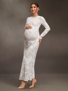 Cheriluna Maternity Maternity Lace Print Round Neck Long Sleeve Fitted Elegant Dress - Multicolor - View 3