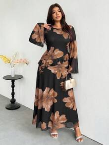 Firerie Plus Size Women's Floral Print Bell Sleeve Elegant Dress - Multicolor - View 5
