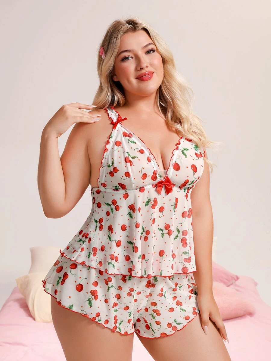 Nora Wilde Plus Size Women Cherry Print Top And Shorts Casual Daily Home Sleepwear Set - Red and White - View 1