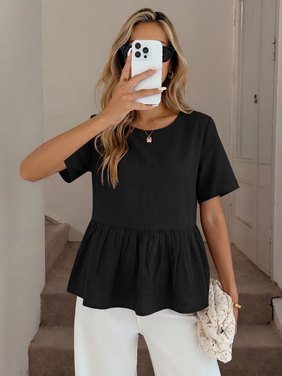 Easowa Women's 100 Cotton Traceable Round Neck Ruched Ruffle Hem Short Sleeve Blouse, Casual Summer Shirt Office Brunch Everyday All Black - Black - View 1