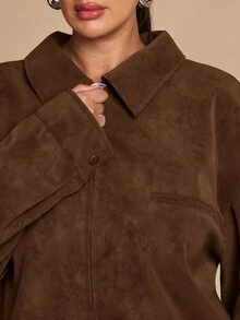 SHEIN BAE CURVE 大尺碼女款卡其色寬鬆方正夾克外套 冬季 - 巧克力棕 - 查看 8