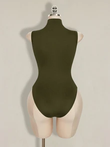 SHEIN ICON 女款大尺碼鏤空設計立領無袖連身衣 - 軍綠色 - 查看 2