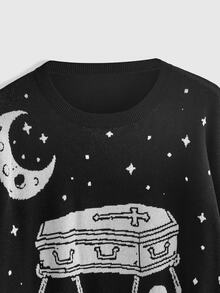 ROMWE Goth 暗黑哥德風黑色貓頭骨月亮星星蛇紋提花寬鬆大尺碼套頭毛衣 - 黑色 - 查看 2