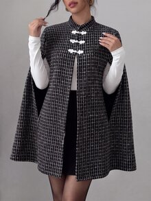 Elenzga Women New Chinese Style Stand Collar Frog Button Tweed Cape Coat, Black White Plaid Elegant Party Poncho Outerwear Autumn Winter - Black and White - View 8