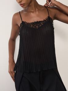 MERLEAU Women's Modern Black Pleated Contrast Lace Design Camisole Top - Black - View 5