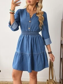 EMERY ROSE Women's V-Neck Pleated Casual Everyday Summer Denim Dress - Blue - View 7
