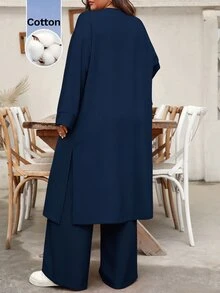 Auvina 2026新款大尺碼純棉長版開襟外套與寬鬆長褲休閒女裝兩件套，秋冬款 - 藏蓝色 - 查看 2