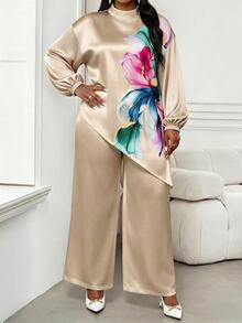 SHEIN Lady CURVE طقم من قطعتين مقاس كبير من الساتان بطبعة زهور مع ملابس علوية بحافة غير متماثلة وبنطال طويل فضفاض للخريف - الذهبي - مشاهدة 5