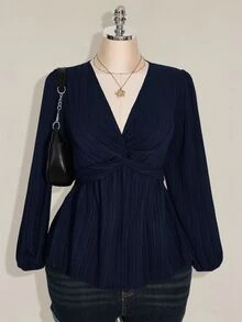 SHEIN ICON 女款大尺碼黑色紋理前打結燈籠袖上衣 - 藏蓝色 - 查看 3