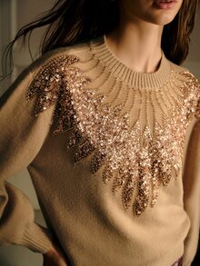 MOTF PREMIUM WOMEN'S PATCHWORK SEQUIN & BEADED DECOR DROP SHOULDER LOOSE LANTERN SLEEVE SWEATER - Khaki - View 2