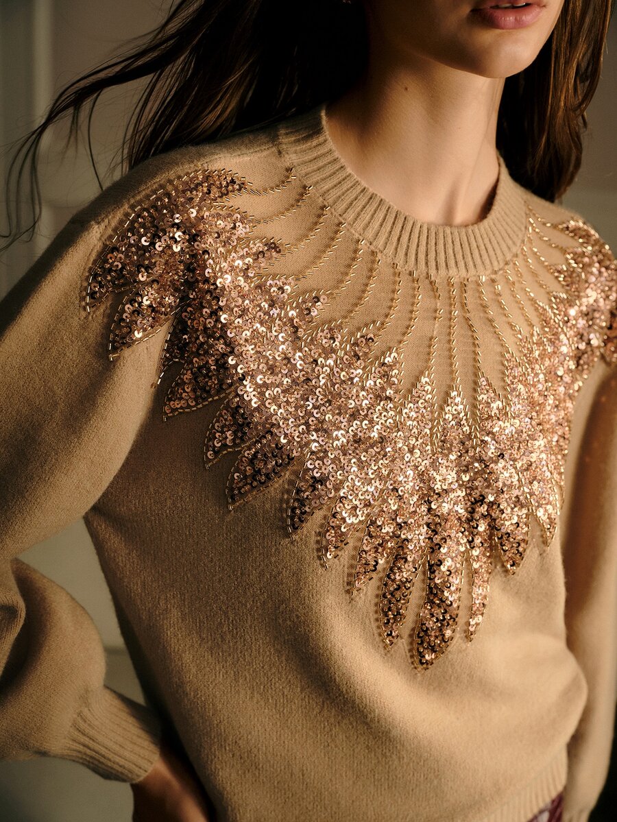 MOTF PREMIUM WOMEN'S PATCHWORK SEQUIN & BEADED DECOR DROP SHOULDER LOOSE LANTERN SLEEVE SWEATER - Khaki - View 2