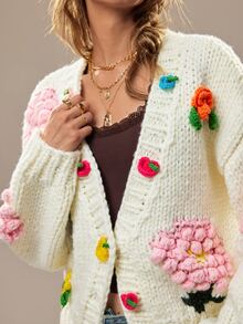 SoleilVie Women's Sweet Delicate 3D Embroidered Knit Cardigan - Beige - View 3