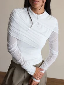 COSMINA Women's Elegant Ruffled Mesh White Top - White - View 1