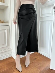 DAZY Women's Solid Color Slit Hem Long Elegant Skirt Fall - Black - View 3