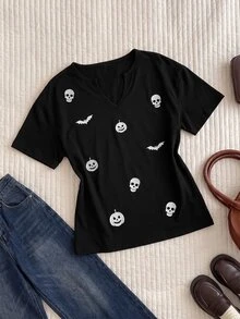 Comfortcana 大尺碼黑色寬鬆版型萬聖節骷髏刺繡T恤 - 黑色 - 查看 6