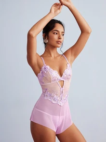 Elorette Women's Floral Embroidered Mesh Camisole Romper - Mauve Purple - View 4