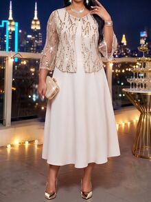 SHEIN Lady CURVE Plus Size Women's Solid Color Dress And Mesh Cardigan Fashion 2 Pieces Set - Gold - View 4