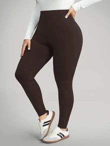 SHEIN CURVE+ 大尺碼女款休閒純色內搭褲，百搭簡約，適合上班/辦公室/健身房，秋冬保暖內搭褲 - 棕色 - 查看 4