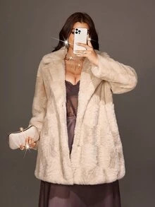Viva Relle 女款大尺碼法式老錢風時尚設計咖啡棕中長款捲毛人造毛皮大衣，長袖、披肩領、翻領，適合外出、上班、派對、生日、新年、萬聖節、聖誕節 - 杏色 - 查看 3
