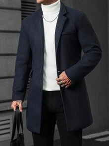 Manfinity CasualCool 男士海軍藍羊毛翻領大衣，商務百搭中長款外套夾克，秋冬款 - 藏蓝色 - 查看 4