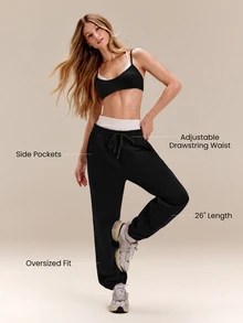 GLOWMODE Heavyweight Fleece Petite 26" Slow Days Oversized Joggers With Adjustable Drawstring Waist & Side Pockets Daily Casual Winter - Black - View 2
