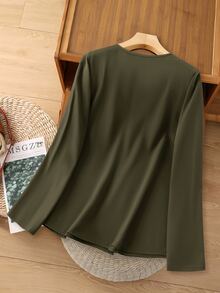 Rusticease Plus Size Women's Solid Color Casual Versatile Daily Wear Shirt - Army Green - View 2