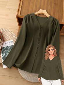 Rusticease Plus Size Women's Solid Color Casual Versatile Daily Wear Shirt - Army Green - View 1