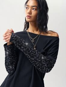 Bohemela Women's Fashion Sequin Patchwork Long Sleeve Pocket Streetwear Sweatshirt - Black - View 1