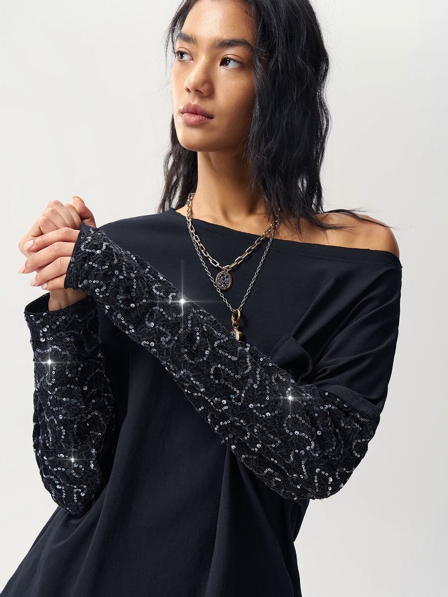 Bohemela Women's Fashion Sequin Patchwork Long Sleeve Pocket Streetwear Sweatshirt - Black - View 1