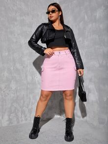 SHEIN ICON Plus Size Women's Cargo Pocket Bodycon Casual Denim Mini Skirt - Pink - View 5
