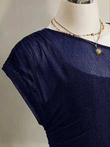 SHEIN ICON Plus Size Women Solid Color Asymmetrical Shoulder Casual Daily T-Shirt - Navy Blue - View 9