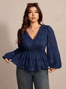 Elaquor 大尺碼花卉印花鈕扣收腰抓皺V領襯衫 - 藏蓝色 - 查看 3