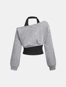 SHEIN MOD 女款眼睛圖案落肩長袖 2 合 1 掛脖領衛衣 - 灰色 - 查看 2