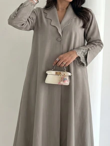 Al Najma Plus Size Lapel Collar Open Front Abaya Maxi Coat Lace Cuff Trim Long Sleeve Loose Modest Fall Muslim Outerwear - Khaki - View 9