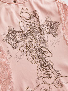 ROMWE Grunge Punk Women's Gray Pink Eyelet Rhinestone Bronze Lace Sexy Streetwear Tank Top - Baby Pink - View 4