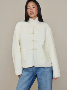 COSMINA Women's Casual New Chinese Style Oriental Long Sleeve Frog Button Tweed Jacket, Suitable For Daily Wear, Dating And Gathering - White - View 6