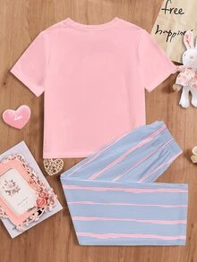 少女休閒甜美風極簡條紋圓領短袖長褲家居服套裝，適合日常居家穿著，舒適自在，休閒穿搭，時尚女孩風 - 彩色 - 查看 2