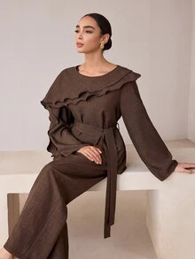 Graceveil Women's 2 Pieces Set With Layered Ruffle Waist Tie Cinched Top And Wide Leg Pants, Suitable For Commuting, Vacation, Daily Wear - Brown - View 7