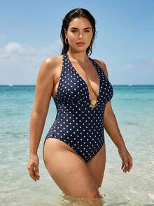 Slaydiva Plus Size Women One-Piece Random Polka Dot Print Casual Swimsuit - Black and White - View 3