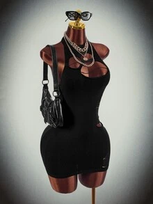 Amplova High Neck Fully Transparent Bodycon Mini Dress With Cutouts, Open Back, Waist-Cinching, Y2K Halloween Outfit For Women, Knitted - Black - View 1