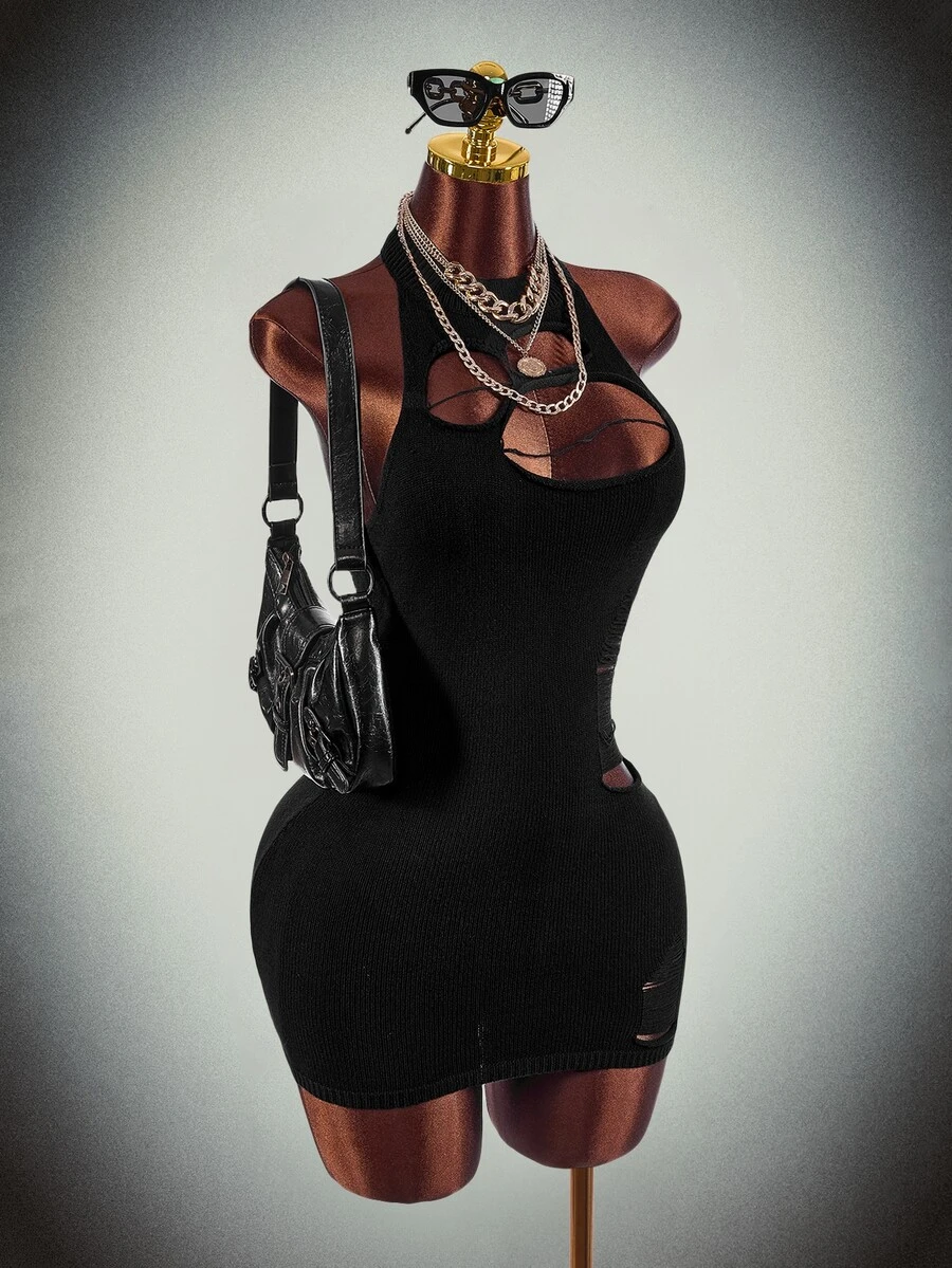 Amplova High Neck Fully Transparent Bodycon Mini Dress With Cutouts, Open Back, Waist-Cinching, Y2K Halloween Outfit For Women, Knitted - Black - View 1