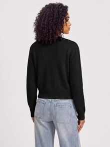 SHEIN BASICS 女款時尚極簡單排扣長袖針織開襟衫 - 黑色 - 查看 2
