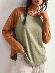 Bohemela Casual Solid Color Knit Patchwork Round Neck Long Sleeve Women's T-Shirt - Multicolor - View 7