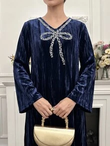 Yasmyna Women's Elegant Elegant Rhinestone Long Sleeve Arabian Dress - Royal Blue - View 4