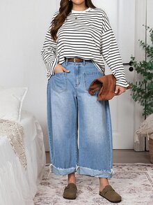 EMERY ROSE Plus Size Women's High-Rise Barrel Jeans, Light-Wash Wide-Leg Denim,Vacation Outfit,Halloween,Christmas,New Year,Party,Luxury,Elegant ,Concert - Blue - View 6